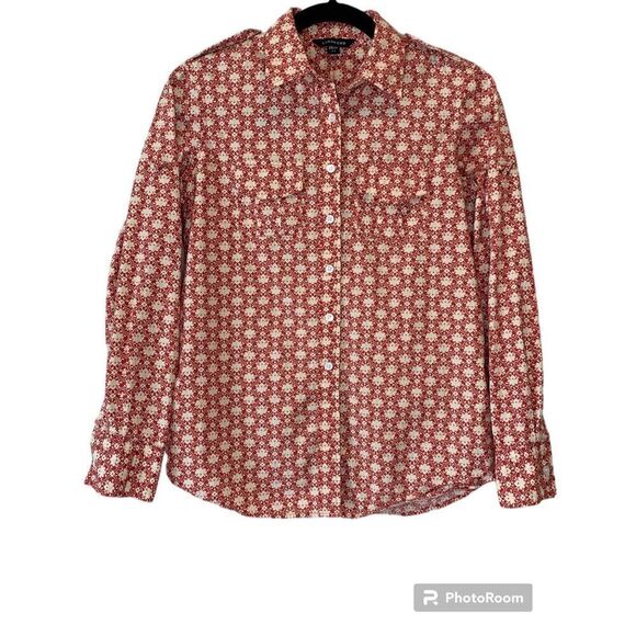 Lands' End Tops - Lands' End Womens long sleeve red/tan button up blouse, size X-Small Petite